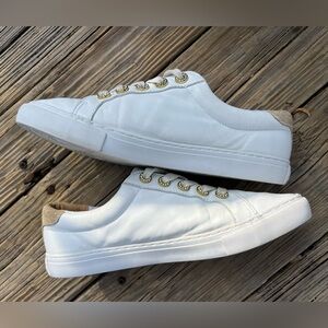 Lilly Pulitzer Lux Hallie Sneakers Rhinestones Leather Resort White Gold Sz 9.5